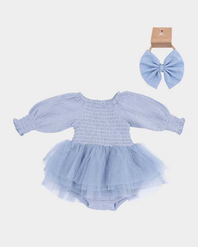 Girl's Cotton Chambray Smocked Tutu Bubble Romper & Headband Set, Size 0M-24